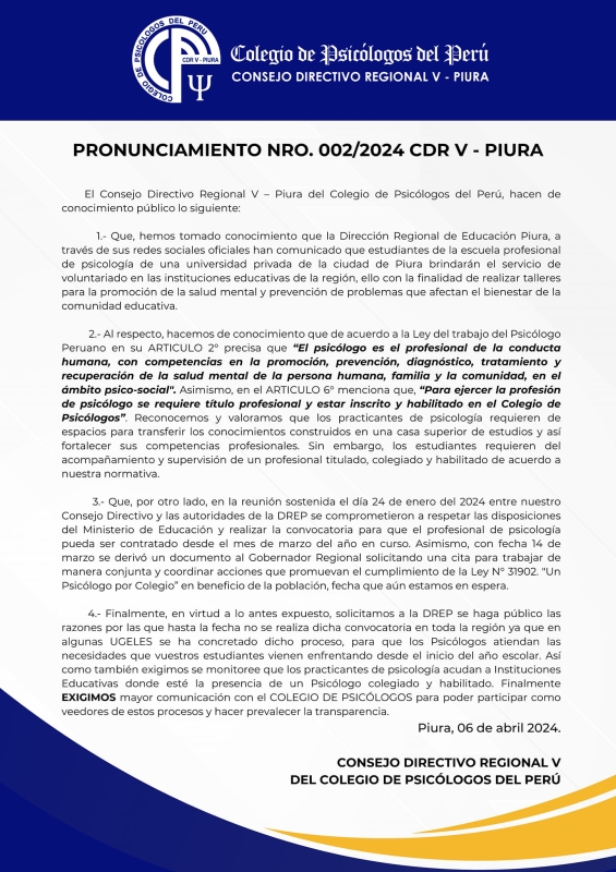 PRONUNCIAMIENTO 002-2024 C.D.R. V C.Ps.P.