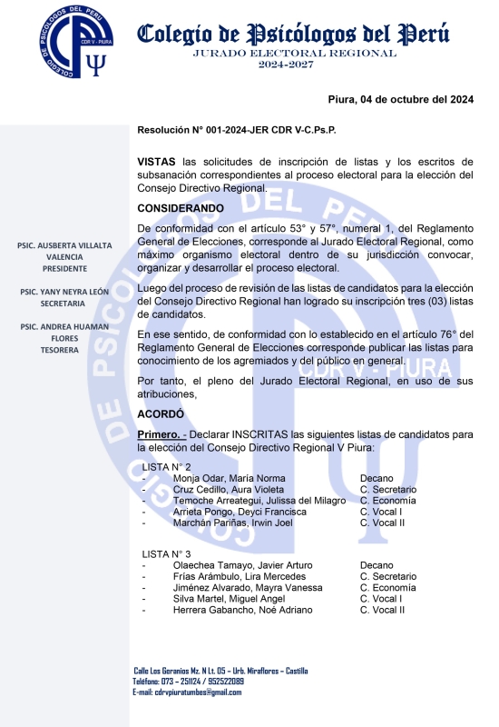 Resolución N° 001-2024-JER CDR V-C.Ps.P.